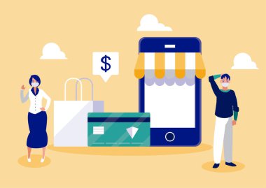 Maskeli kadın ve adam kredi kartı çantaları ve akıllı telefon vektör tasarımı
