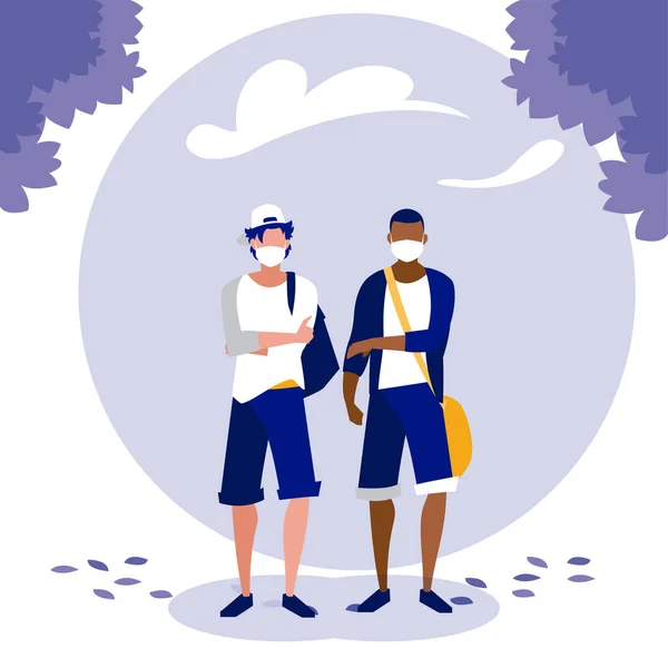 Men with masks and trees outside vector design — Stock Vector