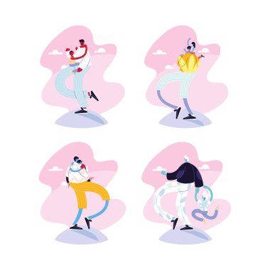 Erkek ve çocuklar farklı pozlarda, mutlu babalar günü.