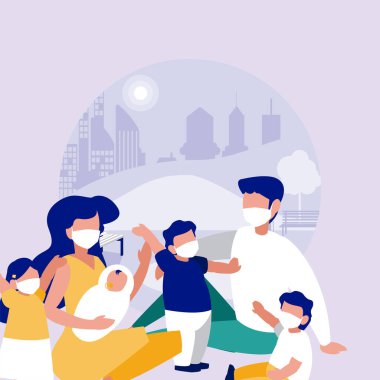 Şehir vektör tasarımının önündeki parkta maskeli aile