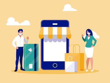 Maskeli kadın ve adam kredi kartı çantaları ve akıllı telefon vektör tasarımı