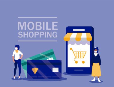 Maskeli ve akıllı telefon vektör tasarımlı kadınlar