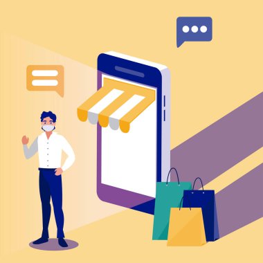 Maskeli ve akıllı telefon vektör tasarımlı adam