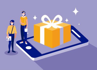 Maskeli kadın ve erkek ve akıllı telefon vektör tasarımı