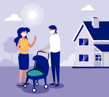 Ev vektör tasarımı dışında maskeli aile