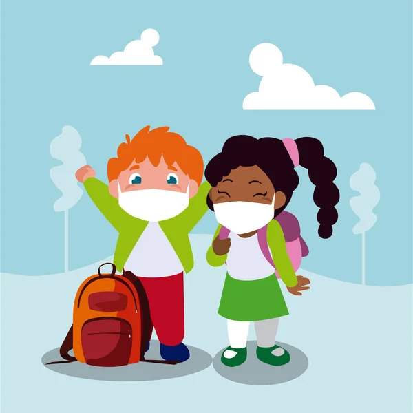 Meisje en jongen kind cartoon met maskers en schooltassen op park vector ontwerp — Stockvector