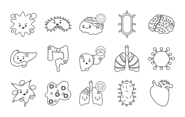 Los órganos humanos y la línea de virus icono de estilo conjunto de diseño de vectores — Vector de stock