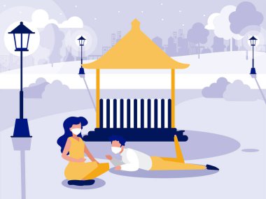 Park vektör tasarımında maskeli kadın ve erkek çift