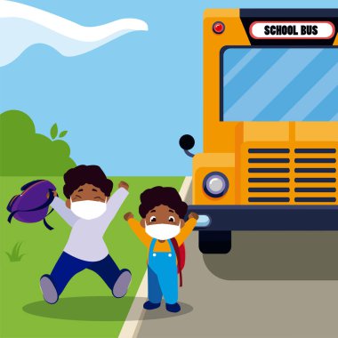 Maskeli, okul çantalı ve otobüs vektör tasarımlı çocuk çizgi filmleri.