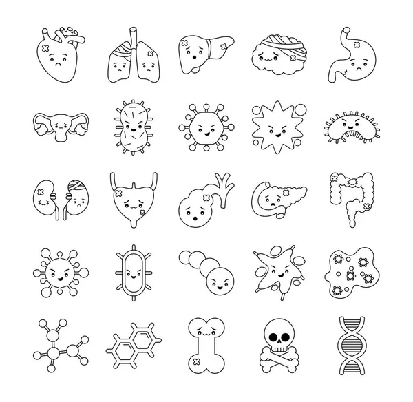Los órganos humanos y la línea de virus icono de estilo conjunto de diseño de vectores — Vector de stock