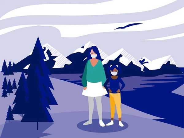 Madre e hija con máscara delante del diseño de vectores de paisaje — Vector de stock