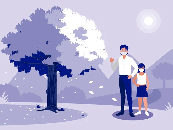 Padre e hija con máscara en frente de diseño de vectores de paisaje — Vector de stock