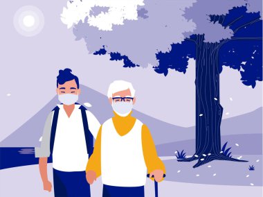 Peyzaj vektör tasarımının önündeki maskeli adam ve büyükbaba.