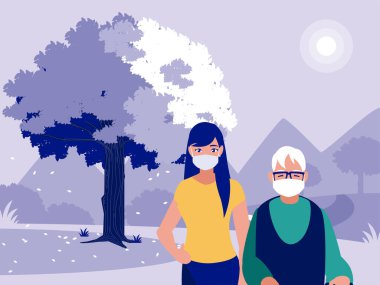 Peyzaj vektör tasarımının önünde maskeli kadın ve büyükbaba