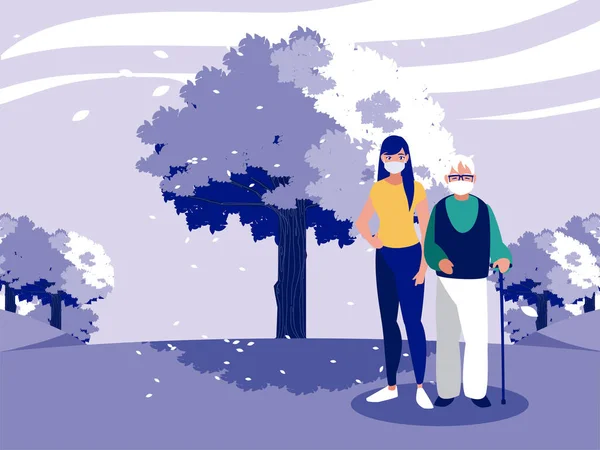 Mujer y abuelo con máscara en frente de diseño de vectores de paisaje — Vector de stock