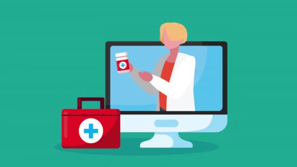 Online τεχνολογία υγείας με γιατρό στην επιφάνεια εργασίας — Αρχείο Βίντεο