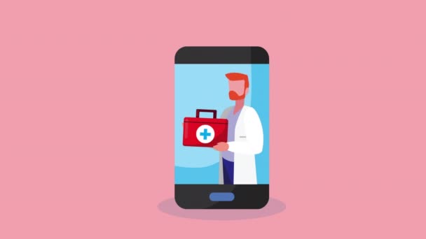 Tecnología de salud en línea con teléfono inteligente y médico — Vídeo de stock