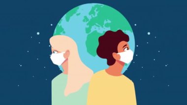 Kovid19 ve Dünya Gezegeni için yüz maskesi kullanan çift.