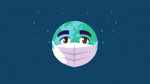 Планета Земля с использованием маски для лица комический персонаж — стоковое видео