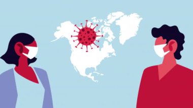 Kovid19 ve Kuzey Amerika haritası için yüz maskesi kullanan çift