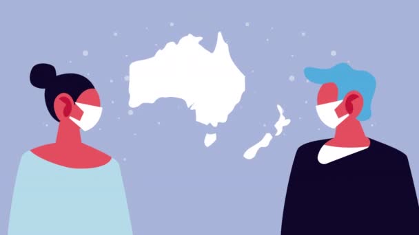 Paar mit Gesichtsmasken für covid19 und Ozeanien-Karte — Stockvideo
