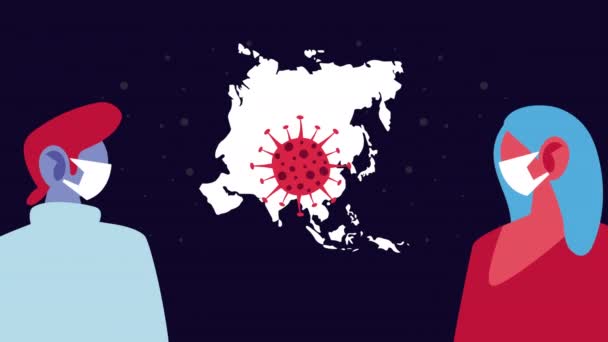 Covid19やヨーロッパやアジアの地図にフェイスマスクを使うカップルは — ストック動画