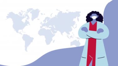 Kadın doktor covid19 ve dünya haritaları için yüz maskesi kullanıyor.