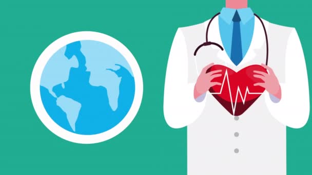 Tecnología de salud en línea con el médico y el planeta tierra — Vídeo de stock