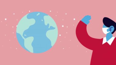 Adam, Covid19 ve Dünya Gezegeni için yüz maskesi kullanıyor.