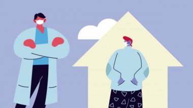 Erkek doktor ve hasta, kovid19 için yüz maskesi kullanıyor.