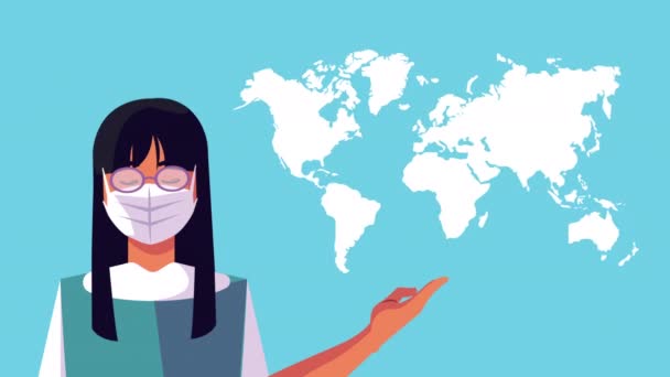 Жінка використовує маску для обличчя для ковідо19 і планети Земля — стокове відео