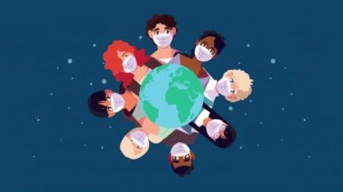 İnsanlar covid19 ve Earth Planet için yüz maskesi kullanıyorlar.