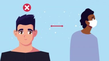 Erkekler covid19 ve sosyal mesafe için yüz maskesi kullanıyorlar.