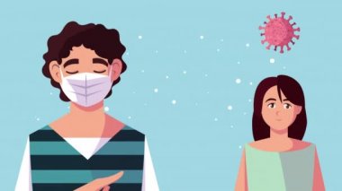 Kovid19 ve sosyal mesafe için yüz maskesi kullanan çift