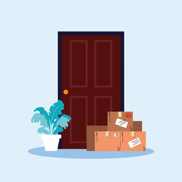 Kontaktlös leverans, lådor med inköp står vid dörren — Stock vektor
