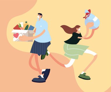 Yüz maskesi takan teslimatçı çift