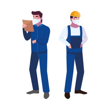 Maskeli ve yelekli adamlar.