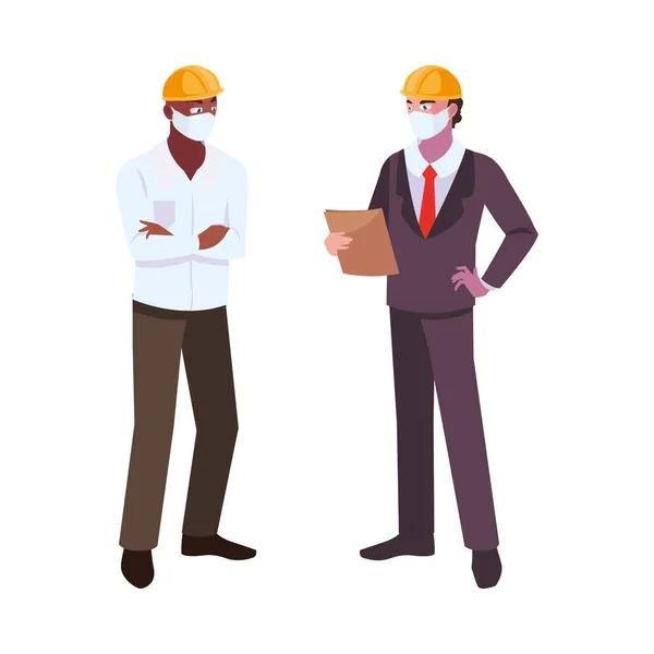 Hombre ingeniero y ejecutivo con máscara y casco — Vector de stock