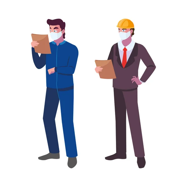 Opérateurs hommes avec masques et casque — Image vectorielle