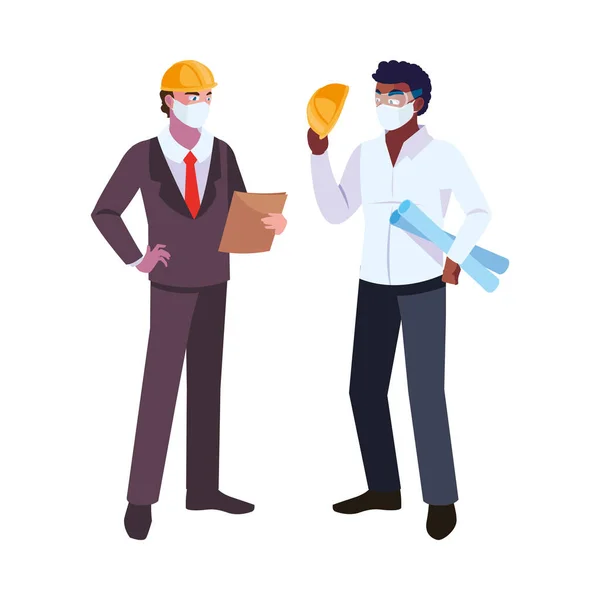 戴着面具和头盔的男性工程师和行政人员 — 图库矢量图片