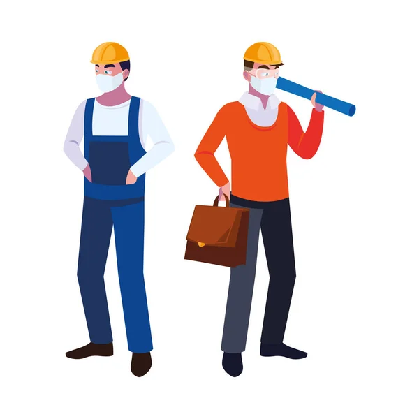 Operatör ve mimar maske ve miğferle — Stok Vektör