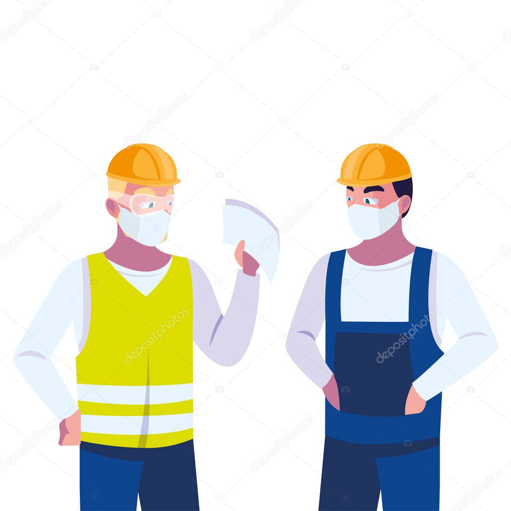 men operators with masks and reflective vests
