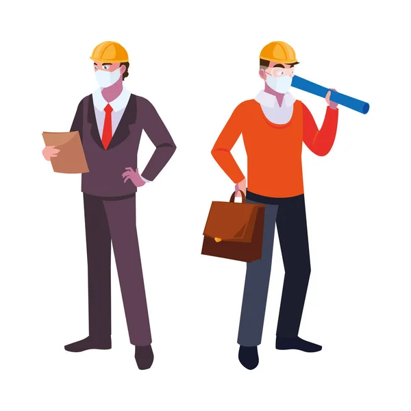Operatör ve mimar maske ve miğferle — Stok Vektör