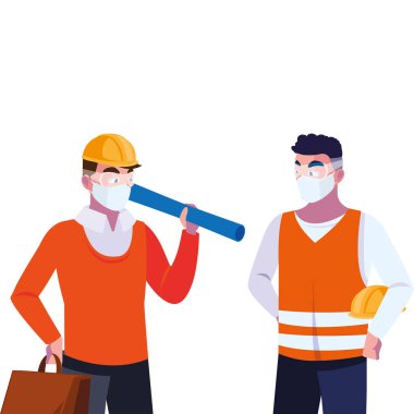 Maskeli ve kasklı adamlar mühendis ve operatör.