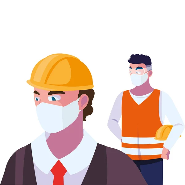 Hombres operadores con máscaras y casco — Vector de stock