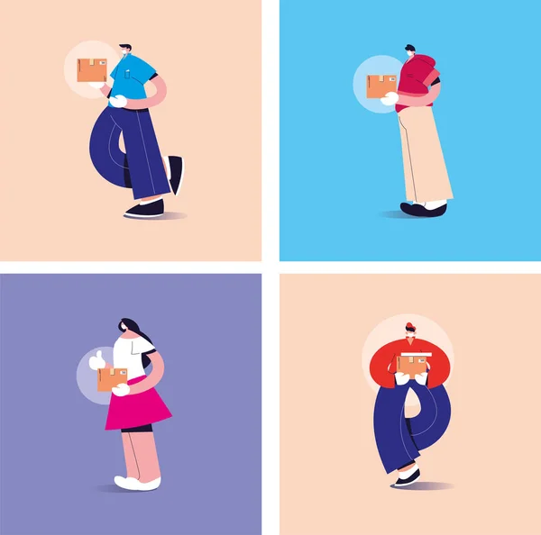 Livreurs avec masque dans différentes poses — Image vectorielle