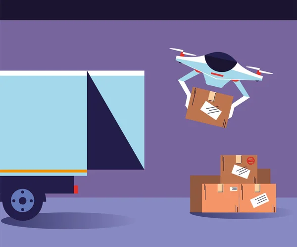 Drone vervoert dozen uit de bestelwagen — Stockvector