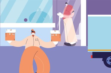 Yüz maskeli teslimatçı kasayı güvenli bir mesafede bırakıyor.