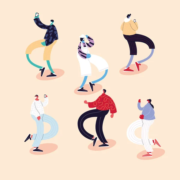 stock vector set of people dancing different poses using face masks