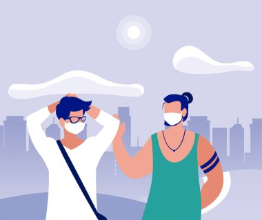 Şehir binalarının önündeki park yerinde maskeli adamlar vektör tasarımı yapıyor.